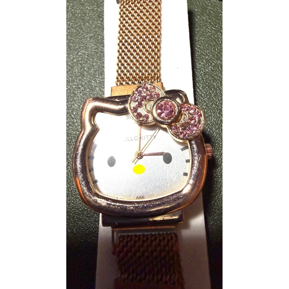 Hello Kitty‎ Watch Women Rose Goldtone Excellent Mesh Rhinestone 7